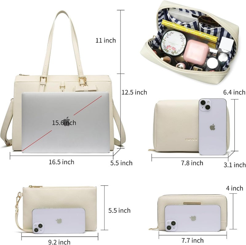 Keyli 4pc Sets Laptop Bag for Women Large Leather Laptop Briefcase with USB Charging Port Computer Shoulder tote Bags Purse - Image 3